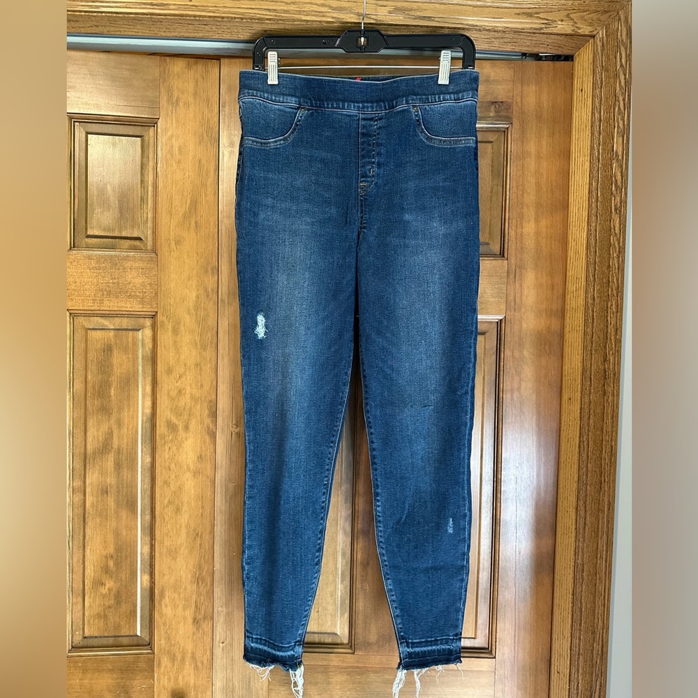 Spanx distressed denim skinny jean legging, size L
